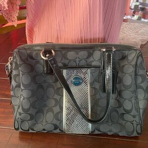 Coach Black Gray Signature jacquard print  Python Stripe Leather trim Satchel